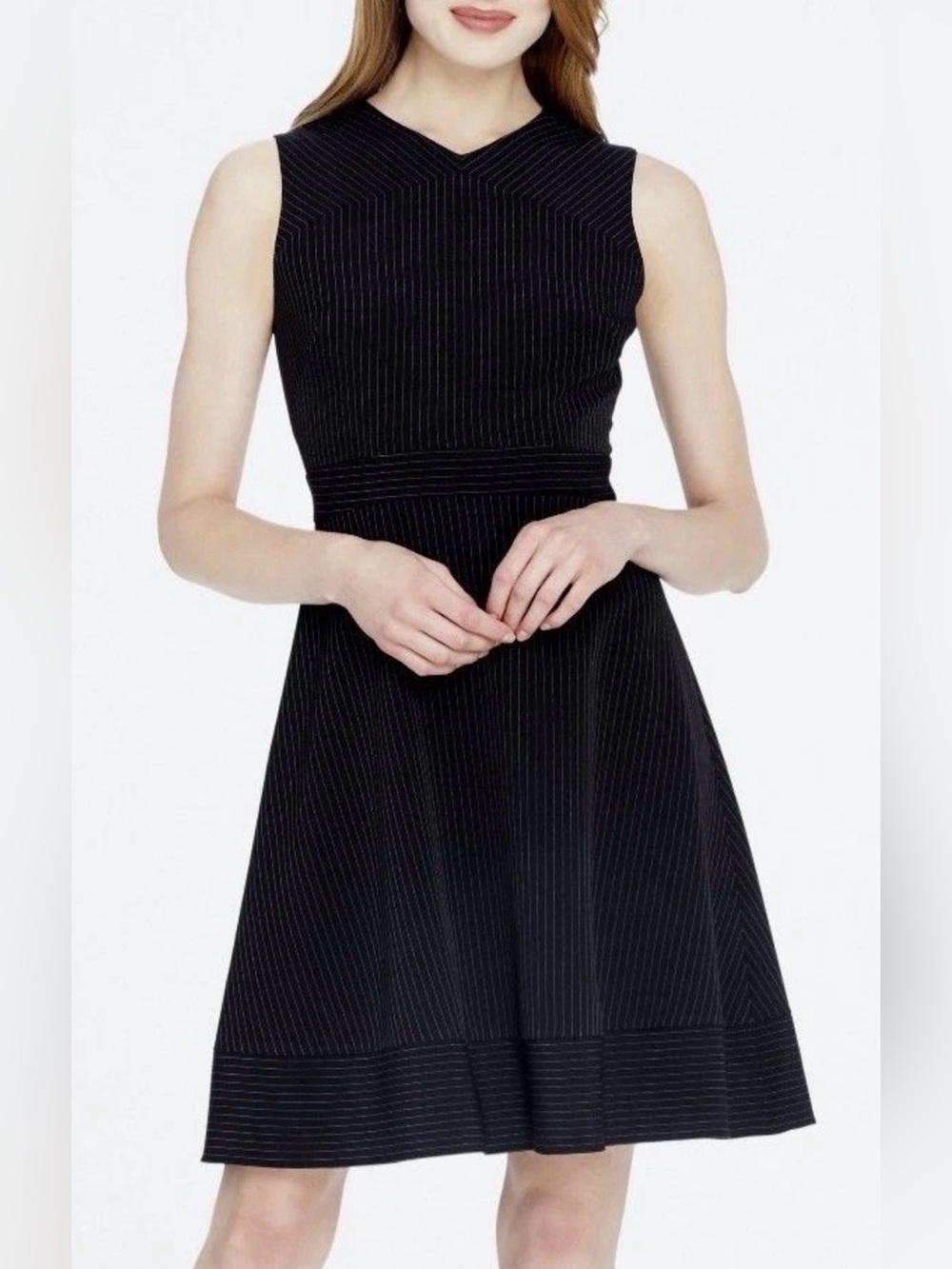 Tahari Arthur S. Levine Black Pinstripe Tailored Fit & Flare Dress Size 6
